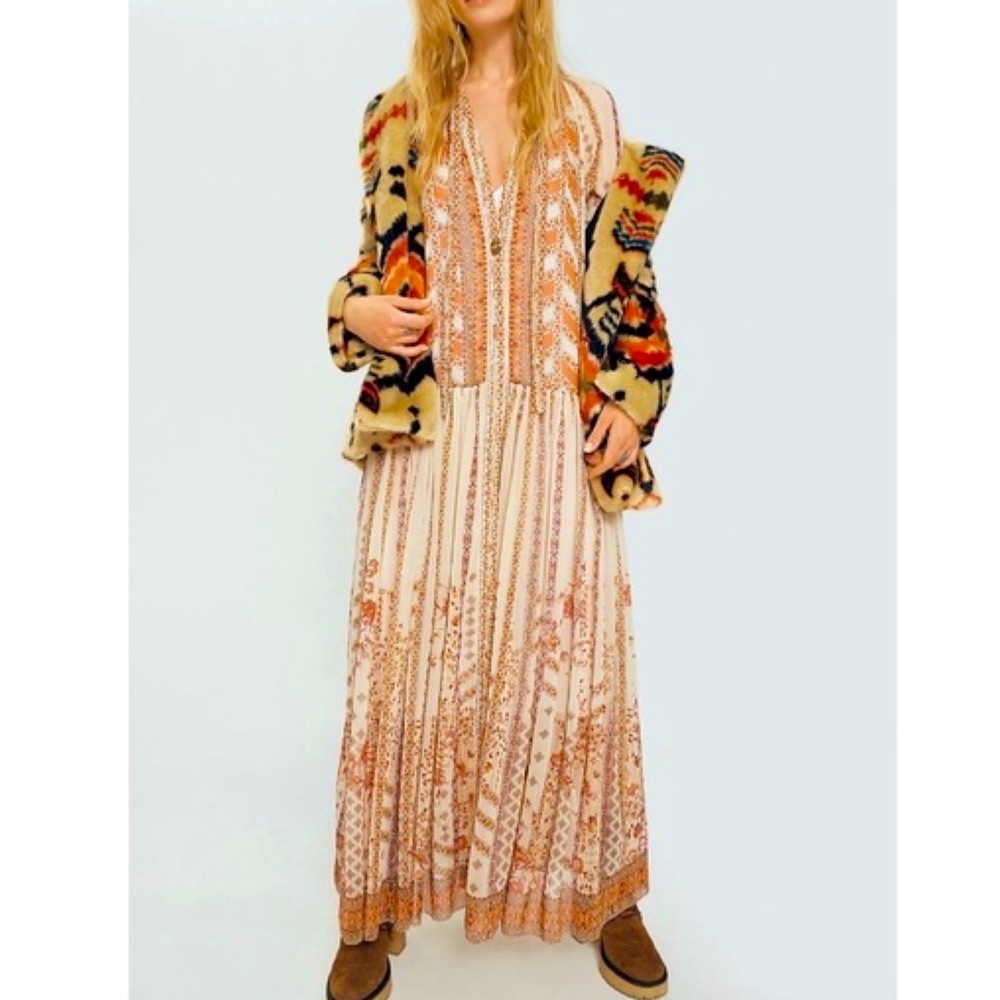 Free People Cream and Rust Bohemian Maxi Dress